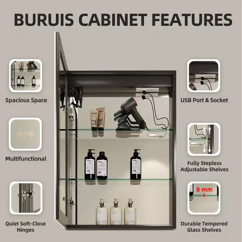 Armoire à pharmacie HBEZON avec miroirs et lumières, armoire de salle de bain à encastrer/murale, 3 modes d'éclairage, intensité réglable, anti-buée, noire