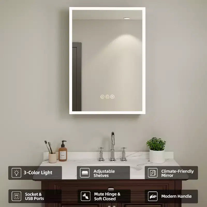 Armoire à pharmacie HBEZON avec miroirs et lumières, armoire de salle de bain à encastrer/murale, 3 modes d'éclairage, intensité réglable, anti-buée, noire