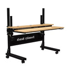 Bureau debout réglable en hauteur Versadesk 60 Foundry Bench avec plateau double niveau et roulettes, surface en bambou naturel