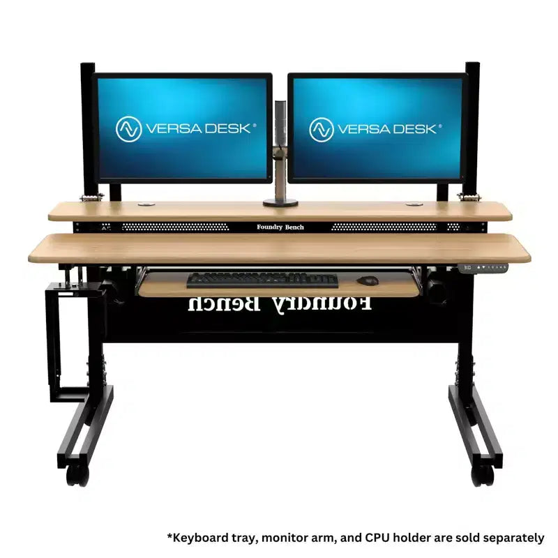 Bureau debout réglable en hauteur Versadesk 60 Foundry Bench avec plateau double niveau et roulettes, surface en bambou naturel