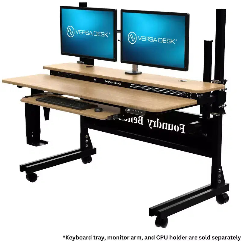 Bureau debout réglable en hauteur Versadesk 60 Foundry Bench avec plateau double niveau et roulettes, surface en bambou naturel
