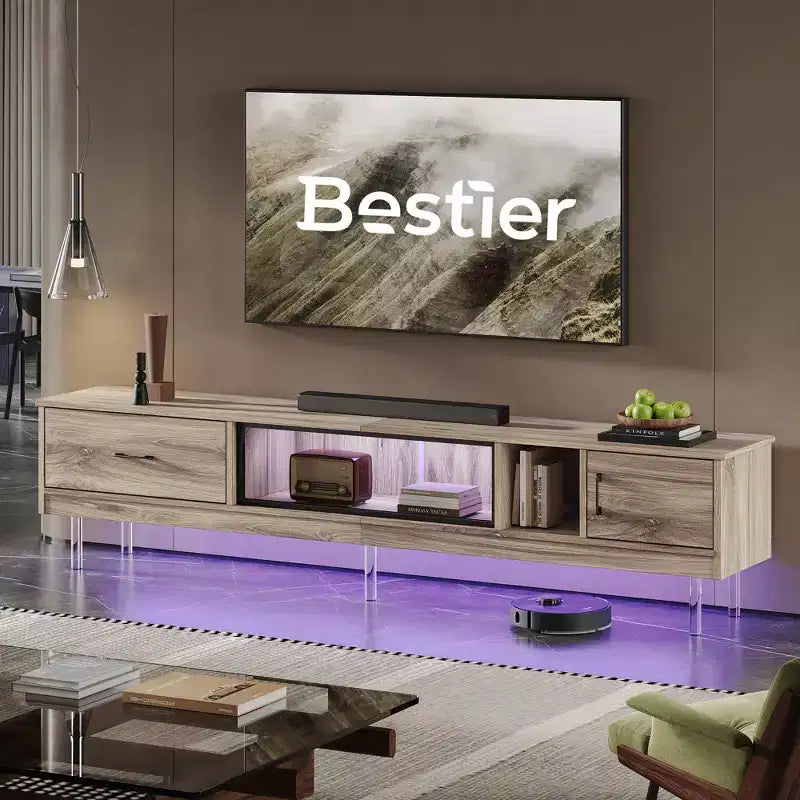 Meuble TV Bestier 80 avec rangements pour téléviseurs jusqu'à 85 pouces, meuble de divertissement LED laqué avec tiroir, console média TV avec étagères ouvertes