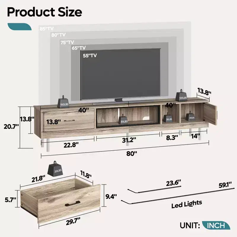 Meuble TV Bestier 80 avec rangements pour téléviseurs jusqu'à 85 pouces, meuble de divertissement LED laqué avec tiroir, console média TV avec étagères ouvertes