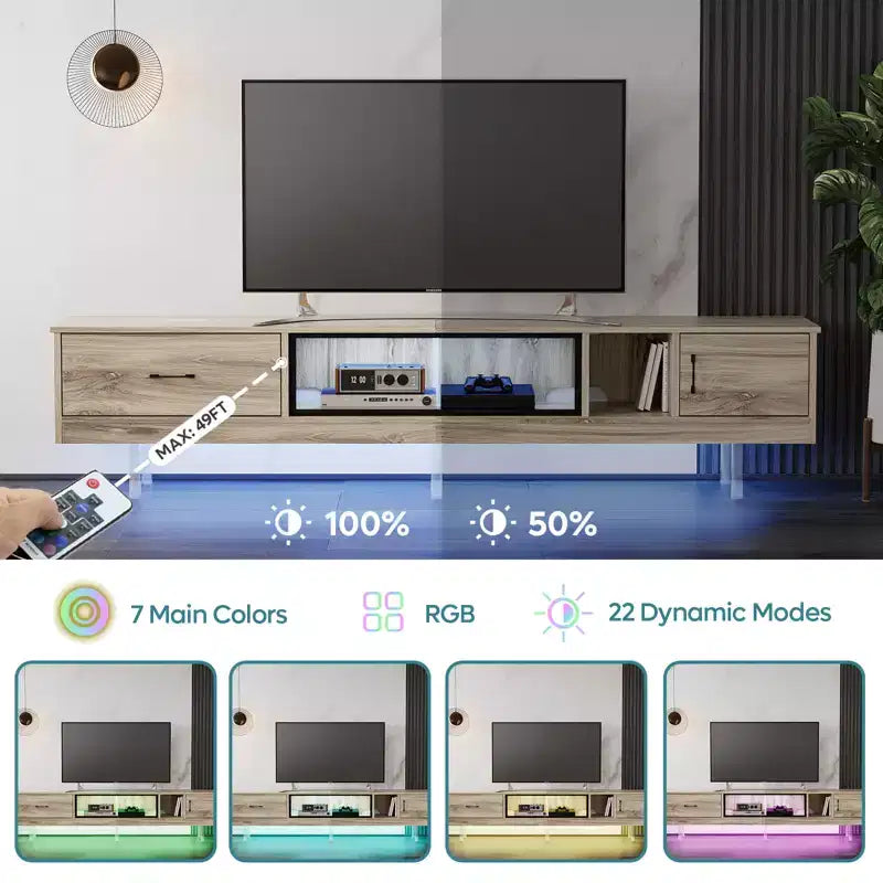 Meuble TV Bestier 80 avec rangements pour téléviseurs jusqu'à 85 pouces, meuble de divertissement LED laqué avec tiroir, console média TV avec étagères ouvertes