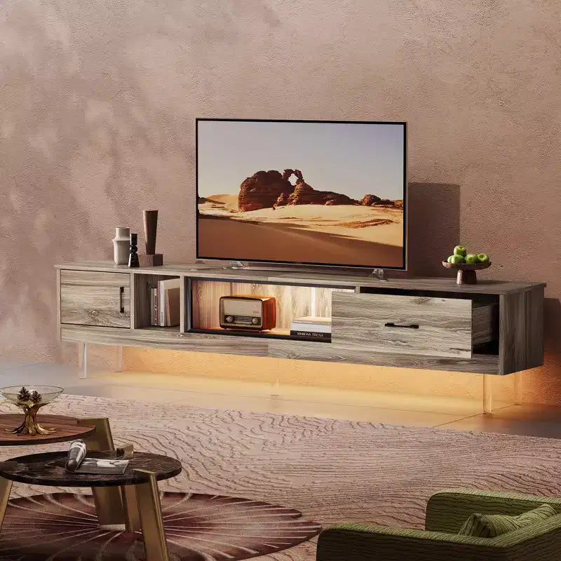 Meuble TV Bestier 80 avec rangements pour téléviseurs jusqu'à 85 pouces, meuble de divertissement LED laqué avec tiroir, console média TV avec étagères ouvertes