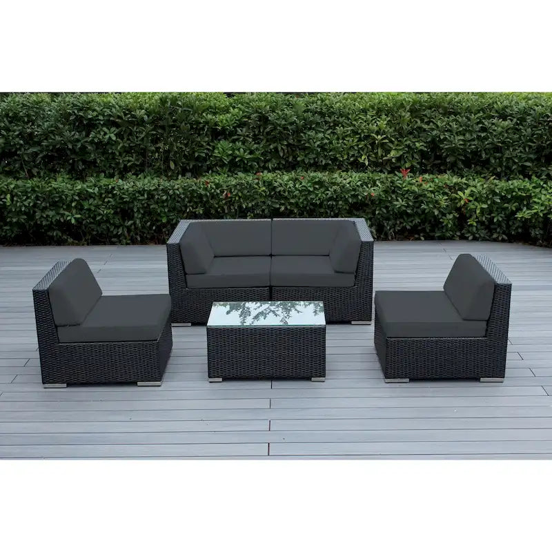 Ohana Outdoor Patio Ensemble Sectionnel 5 Pièces en Osier Noir avec Coussins - Aucun Assemblage Nécessaire