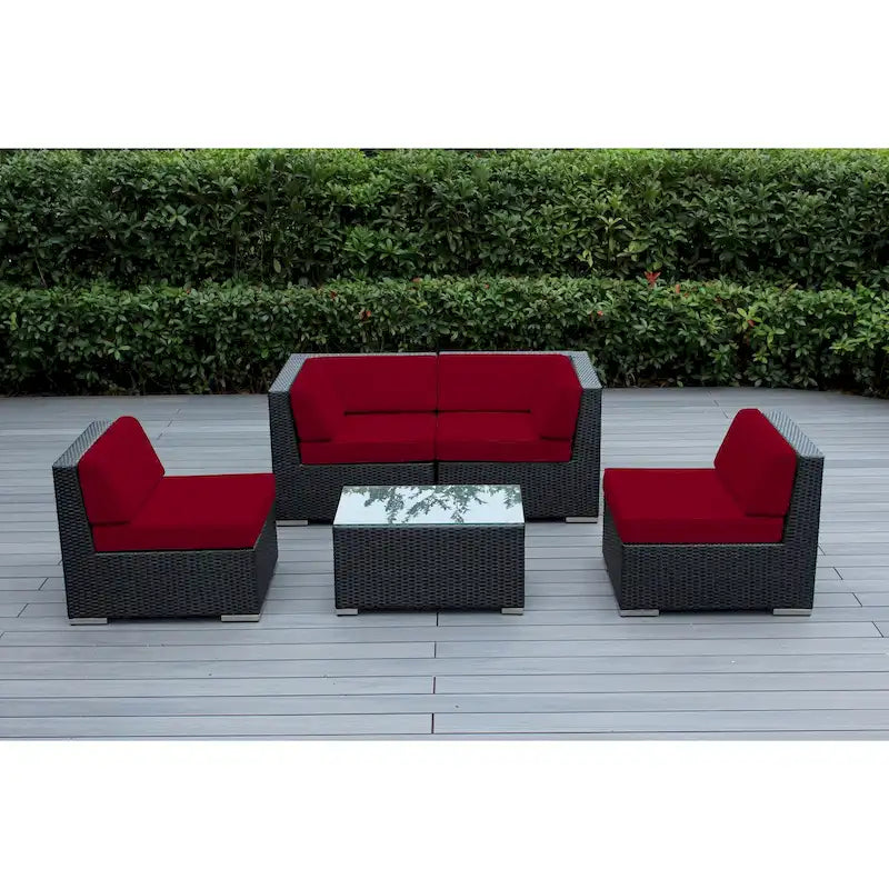 Ohana Outdoor Patio Ensemble Sectionnel 5 Pièces en Osier Noir avec Coussins - Aucun Assemblage Nécessaire