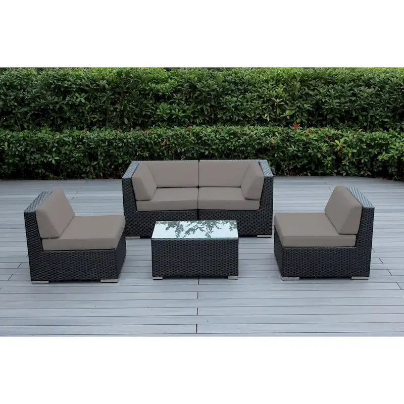 Ohana Outdoor Patio Ensemble Sectionnel 5 Pièces en Osier Noir avec Coussins - Aucun Assemblage Nécessaire