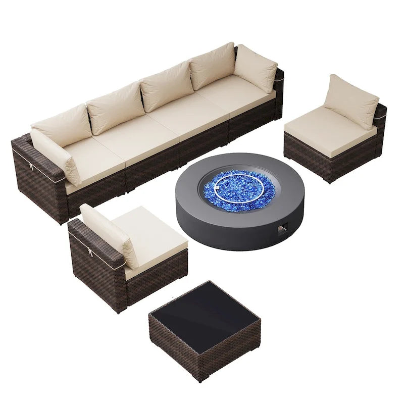 Ensemble de mobilier de jardin UPHA 8 pièces avec table de foyer au propane de 50 000 BTU, coussins beiges / bleu marine