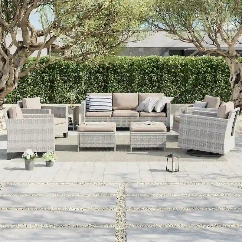 Ensemble de canapé d'extérieur modulable LIVOOSUN 8 pièces avec fauteuil à bascule pivotant, en osier marron et pouf