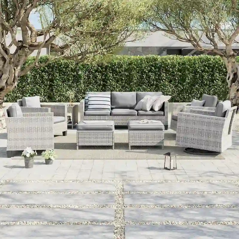 Ensemble de canapé d'extérieur modulable LIVOOSUN 8 pièces avec fauteuil à bascule pivotant, en osier marron et pouf