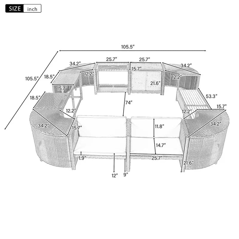 Ensemble de canapé d'angle en rotin extérieur quadrilatéral