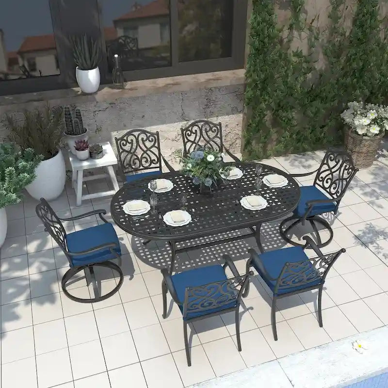 Ensemble de salle à manger d'extérieur 7 pièces en fonte d'aluminium avec coussins