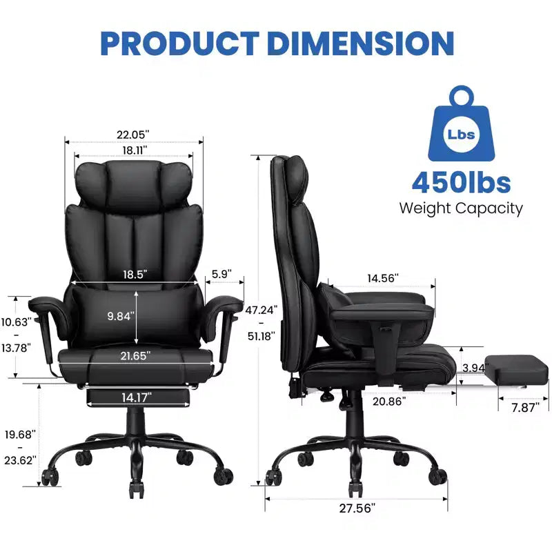 Fauteuil de bureau ergonomique en cuir Hoffree Big & Tall Executive, 204 kg, avec support lombaire massant 2 points et repose-pieds