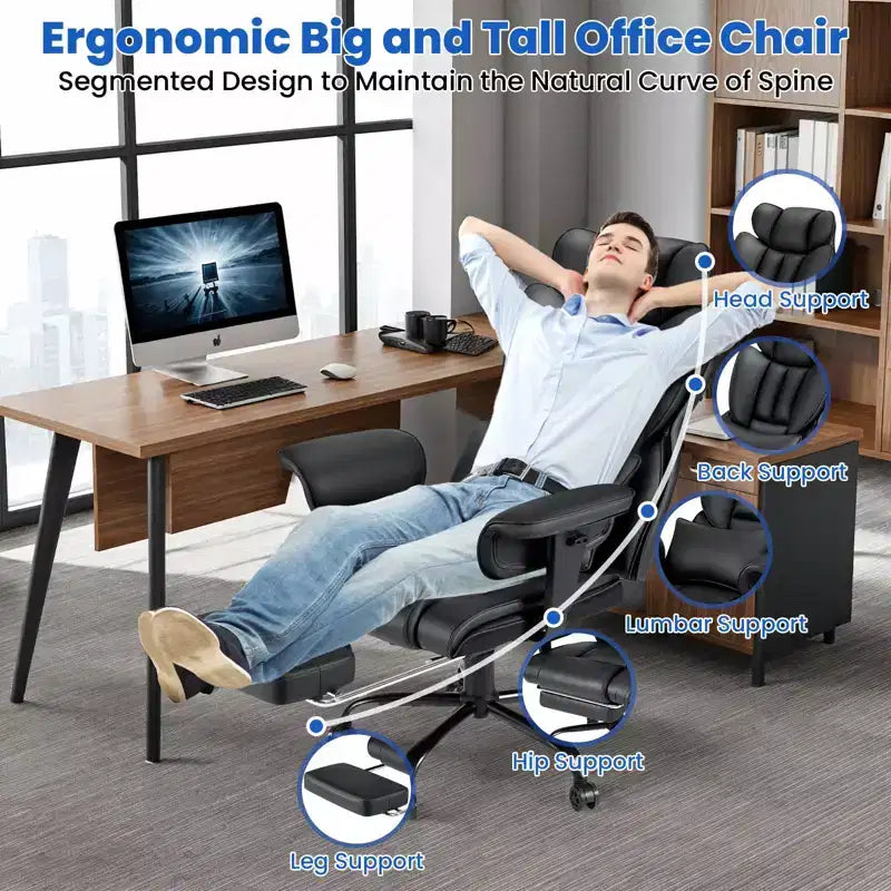 Fauteuil de bureau ergonomique en cuir Hoffree Big & Tall Executive, 204 kg, avec support lombaire massant 2 points et repose-pieds