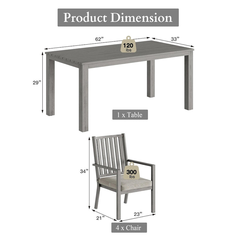Ensembles de salle à manger de patio 5 pièces Table à manger d'extérieur en aluminium avec 4 chaises