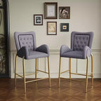 Set of 2 Counter Height Bar Stools with Golden Metal Frame, Velvet Tufted Stools -ModernLuxe