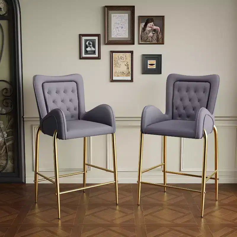 Set of 2 Counter Height Bar Stools with Golden Metal Frame, Velvet Tufted Stools -ModernLuxe