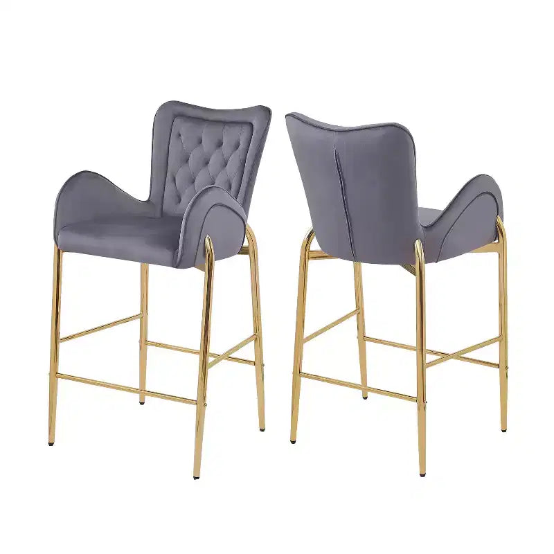Lot de 2 tabourets de bar hauteur comptoir avec cadre en métal doré, tabourets touffetés en velours -ModernLuxe