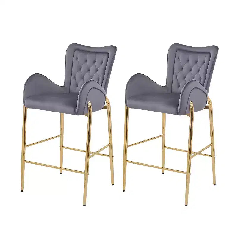 Lot de 2 tabourets de bar hauteur comptoir avec cadre en métal doré, tabourets touffetés en velours -ModernLuxe