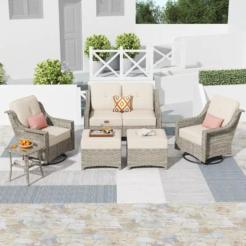 HOOOWOOO Ensemble de conversation 6 pièces pour patio avec causeuse et fauteuil pivotant en osier