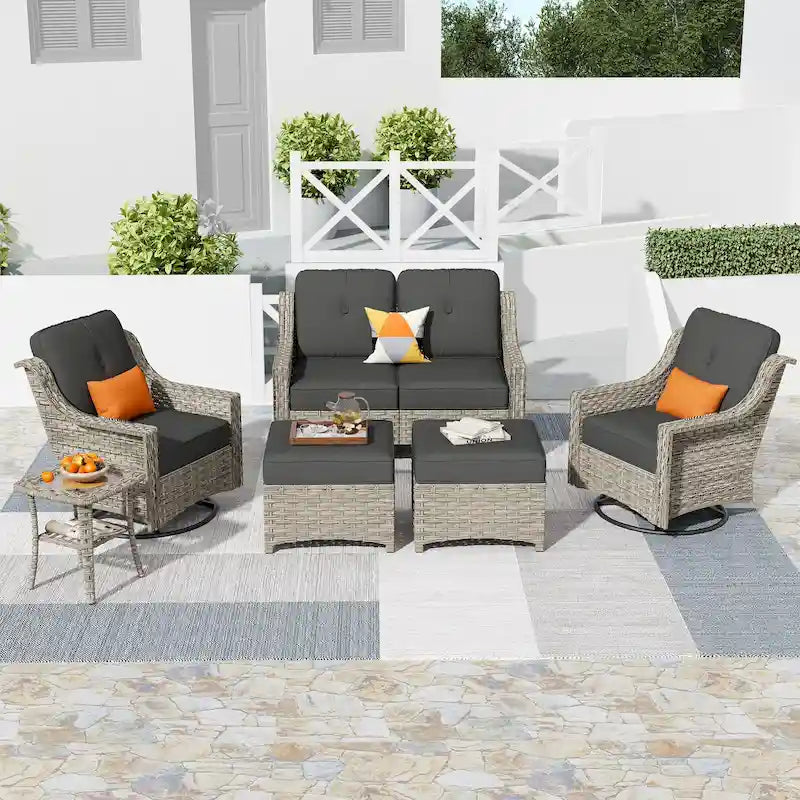 HOOOWOOO Ensemble de conversation 6 pièces pour patio avec causeuse et fauteuil pivotant en osier