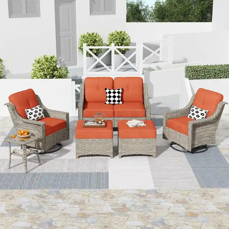 HOOOWOOO Ensemble de conversation 6 pièces pour patio avec causeuse et fauteuil pivotant en osier