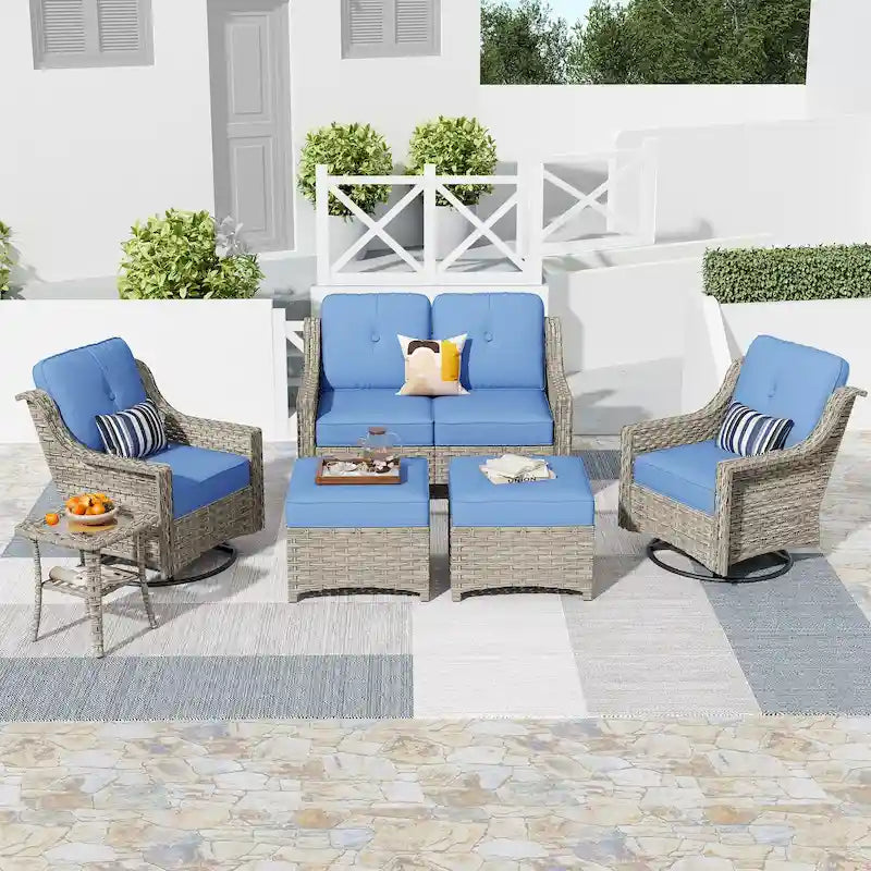 HOOOWOOO Ensemble de conversation 6 pièces pour patio avec causeuse et fauteuil pivotant en osier
