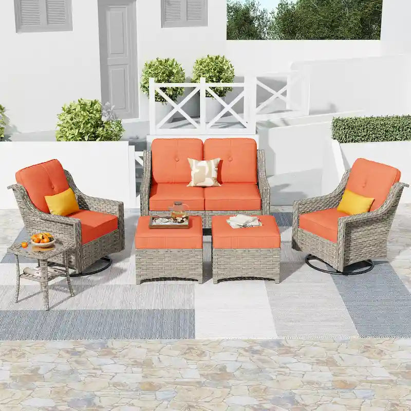 HOOOWOOO Ensemble de conversation 6 pièces pour patio avec causeuse et fauteuil pivotant en osier