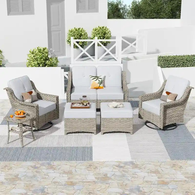 HOOOWOOO Ensemble de conversation 6 pièces pour patio avec causeuse et fauteuil pivotant en osier