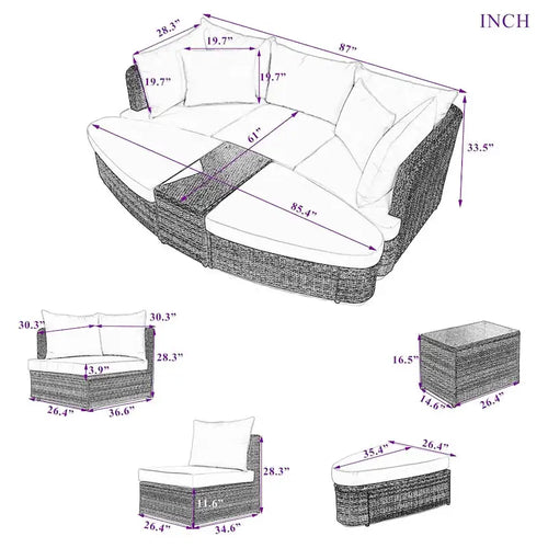 Ensemble de canapés ronds d'extérieur 6 pièces en rotin PE avec table basse