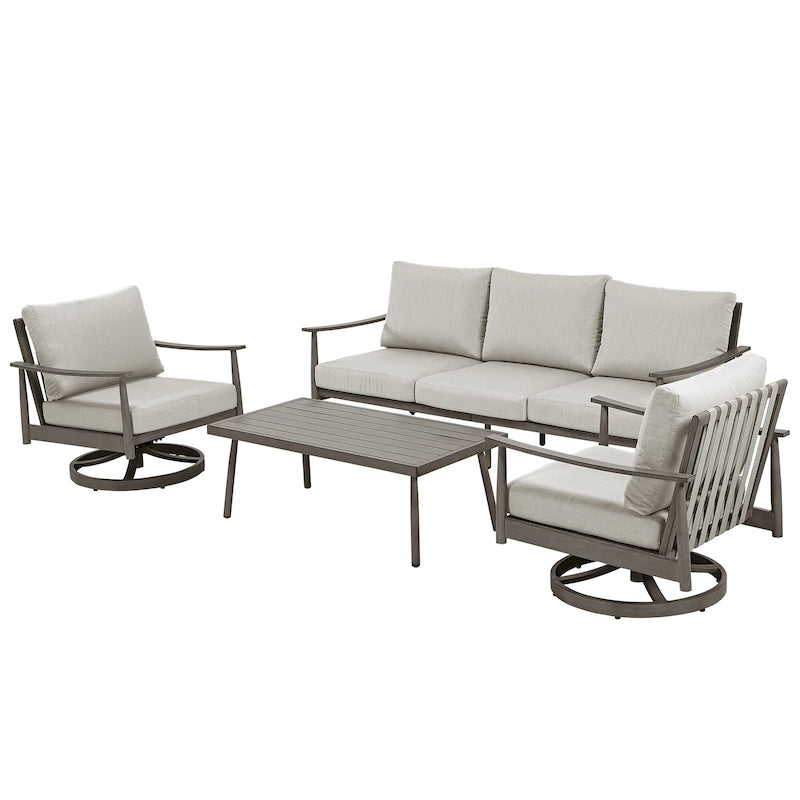 Ensemble de conversation en aluminium 5 places pour patio avec 2 chaises pivotantes, une causeuse et une table basse