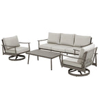 Ensemble de conversation en aluminium 5 places pour patio avec 2 chaises pivotantes, une causeuse et une table basse