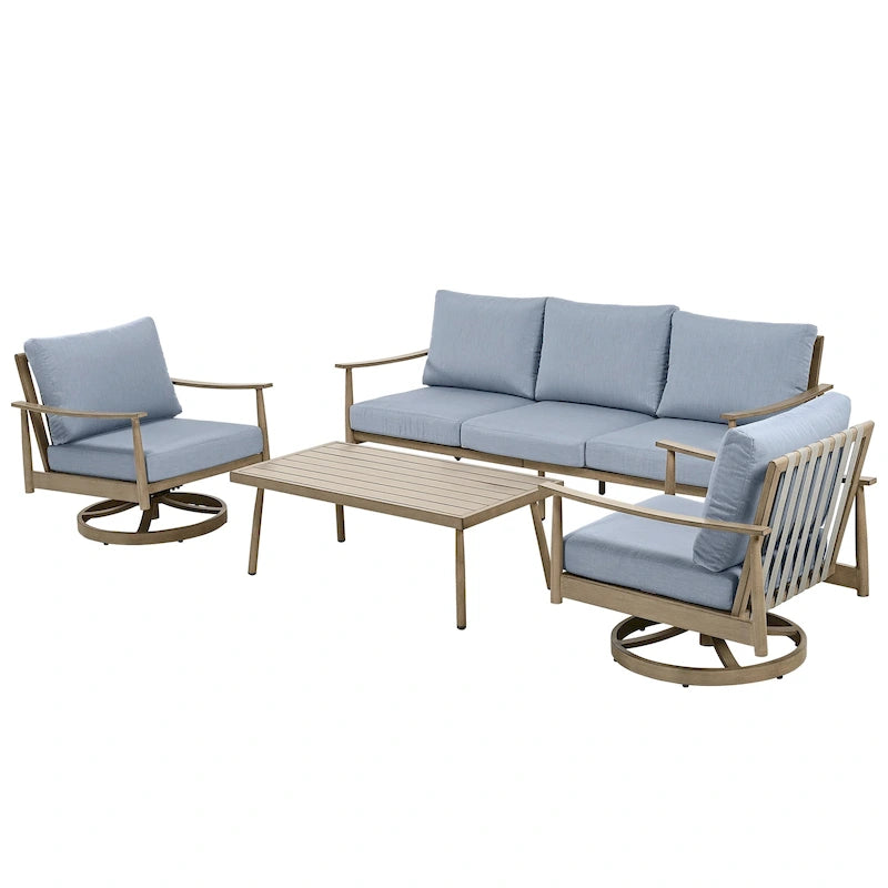 Ensemble de conversation en aluminium 5 places pour patio avec 2 chaises pivotantes, une causeuse et une table basse