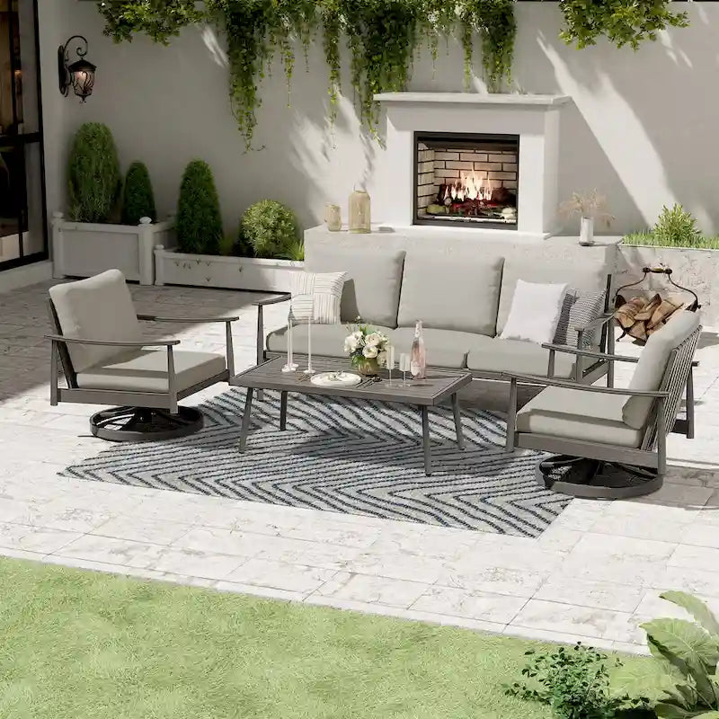 Ensemble de conversation en aluminium 5 places pour patio avec 2 chaises pivotantes, une causeuse et une table basse