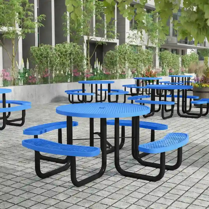 Table de pique-nique extérieure en métal déployé de qualité commerciale avec ancrages – 82,5P x 82,5L x 29H
