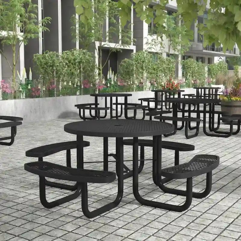 Table de pique-nique extérieure en métal déployé de qualité commerciale avec ancrages – 82,5P x 82,5L x 29H