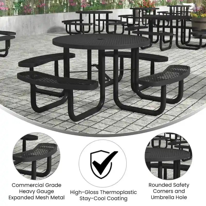 Table de pique-nique extérieure en métal déployé de qualité commerciale avec ancrages – 82,5P x 82,5L x 29H