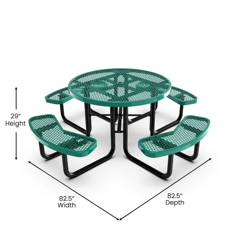 Table de pique-nique extérieure en métal déployé de qualité commerciale avec ancrages – 82,5P x 82,5L x 29H
