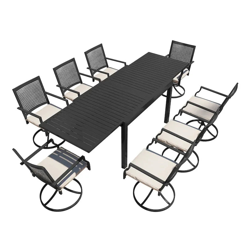 Table à rallonge de salle à manger en aluminium avec chaises (ensemble de 9)