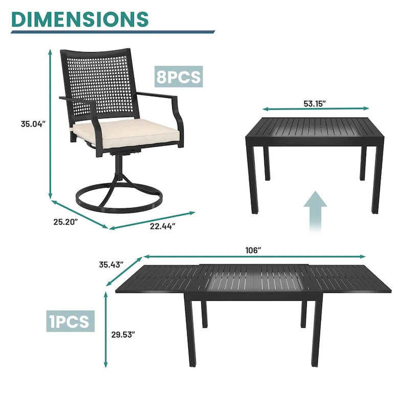 Table à rallonge de salle à manger en aluminium avec chaises (ensemble de 9)