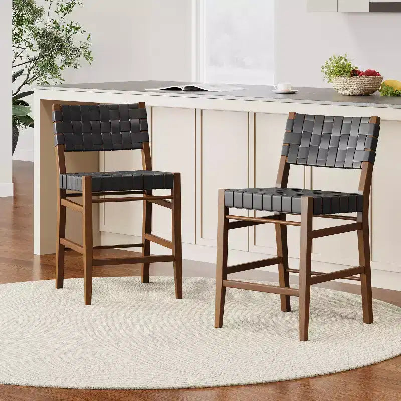 Tabouret de comptoir Christopher Knight Home Lumft 24.25 en bois d'hévéa et cuir tressé avec repose-pieds