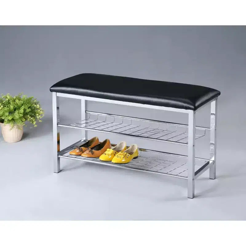 Banc à chaussures en métal avec assise en similicuir, chrome et noir