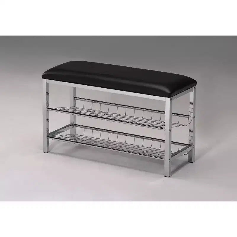 Banc à chaussures en métal avec assise en similicuir, chrome et noir