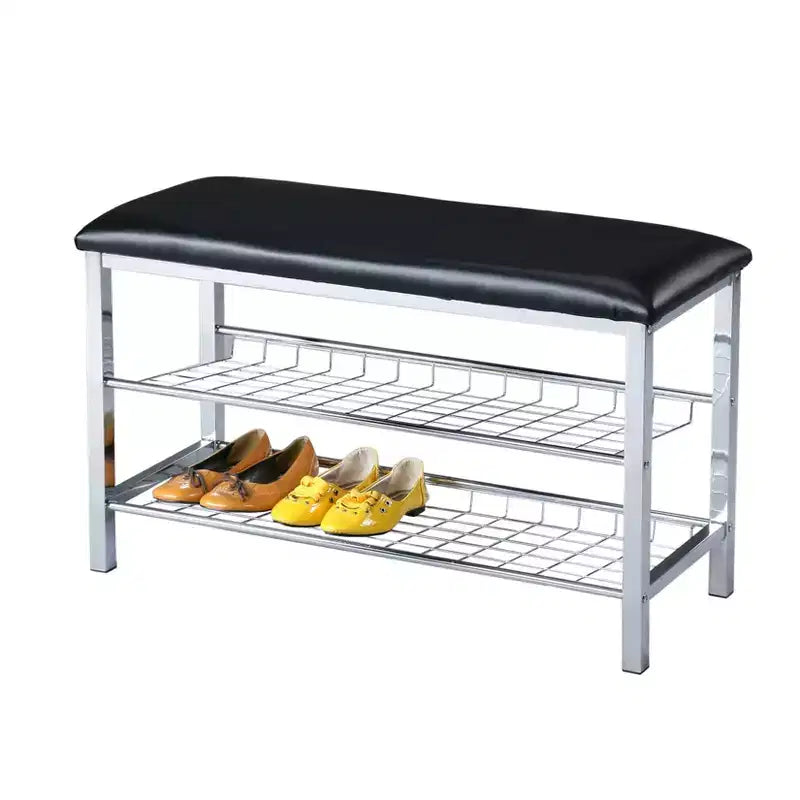 Banc à chaussures en métal avec assise en similicuir, chrome et noir