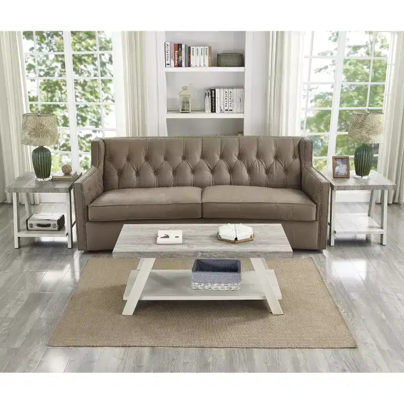 Ensemble table basse 3 pièces contemporain avec étagère en bois Roundhill Furniture Athens en gris patiné et beige