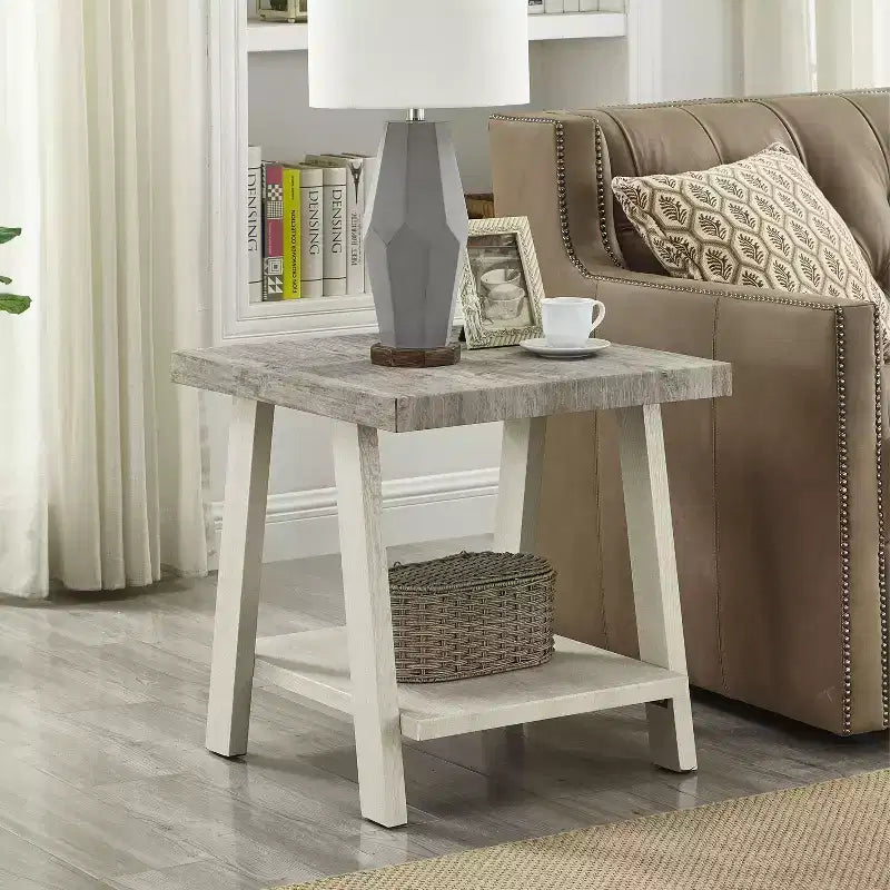 Ensemble table basse 3 pièces contemporain avec étagère en bois Roundhill Furniture Athens en gris patiné et beige