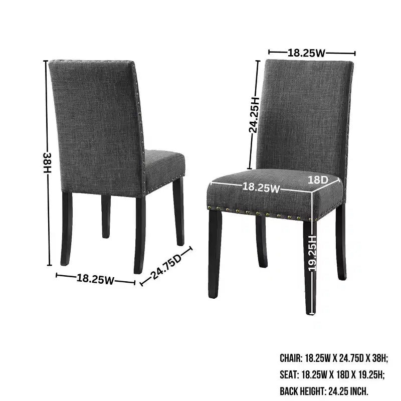 Chaises de salle à manger en tissu Biony Roundhill Furniture avec garniture cloutée, grises, lot de 2