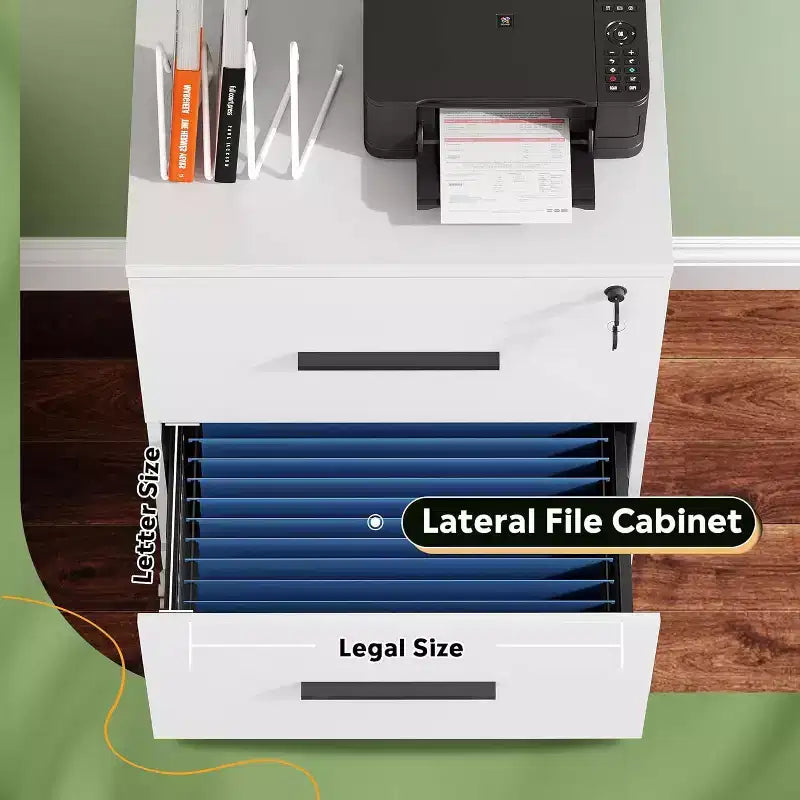 Meuble de rangement latéral en bois DEXYLLO à 2 tiroirs avec serrure, classeur pour le bureau et la maison, support d'imprimante avec mécanisme anti-basculement