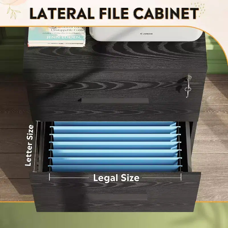 Meuble de rangement latéral en bois DEXYLLO à 2 tiroirs avec serrure, classeur pour le bureau et la maison, support d'imprimante avec mécanisme anti-basculement